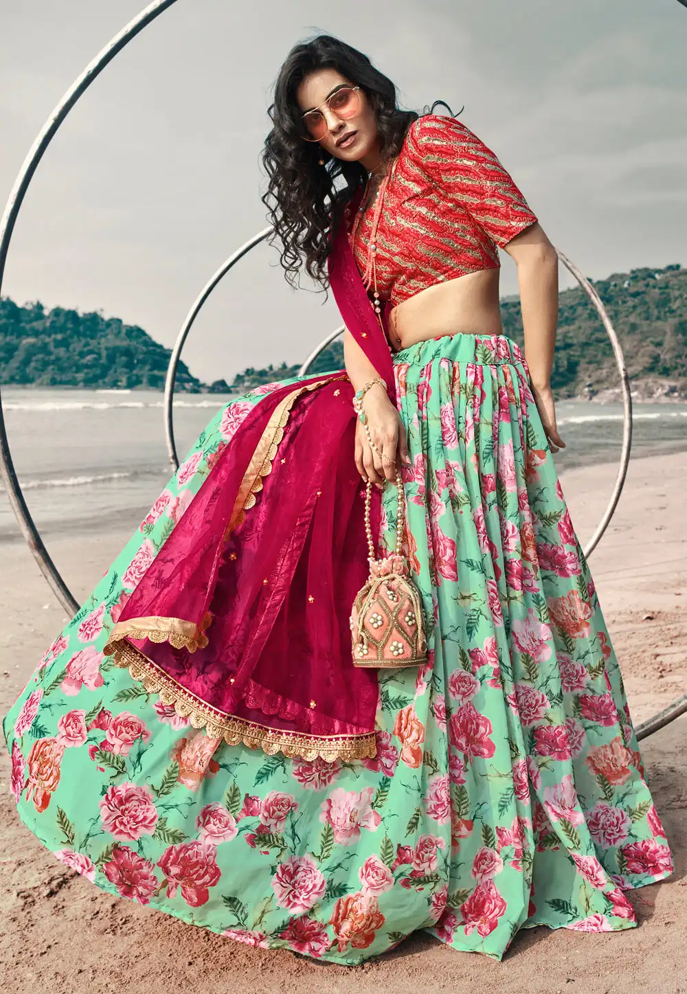 Light Green Organza Lehenga Choli 230499