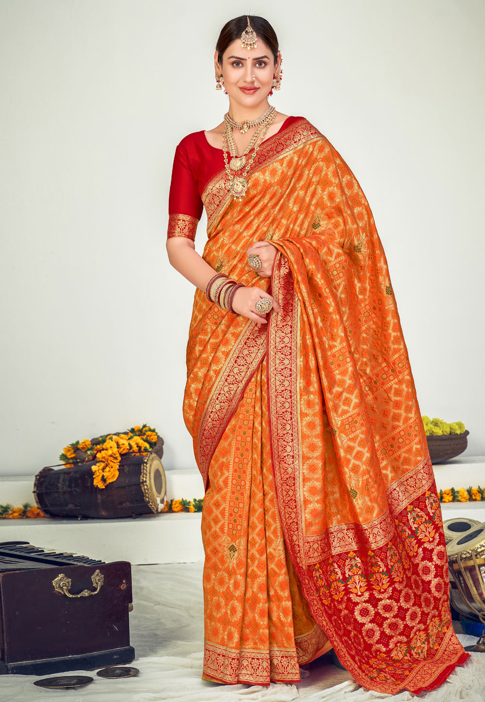 Orange Banarasi Silk Saree With Blouse 232543