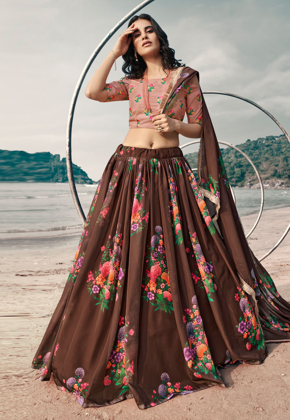 Brown Organza Lehenga Choli 230505