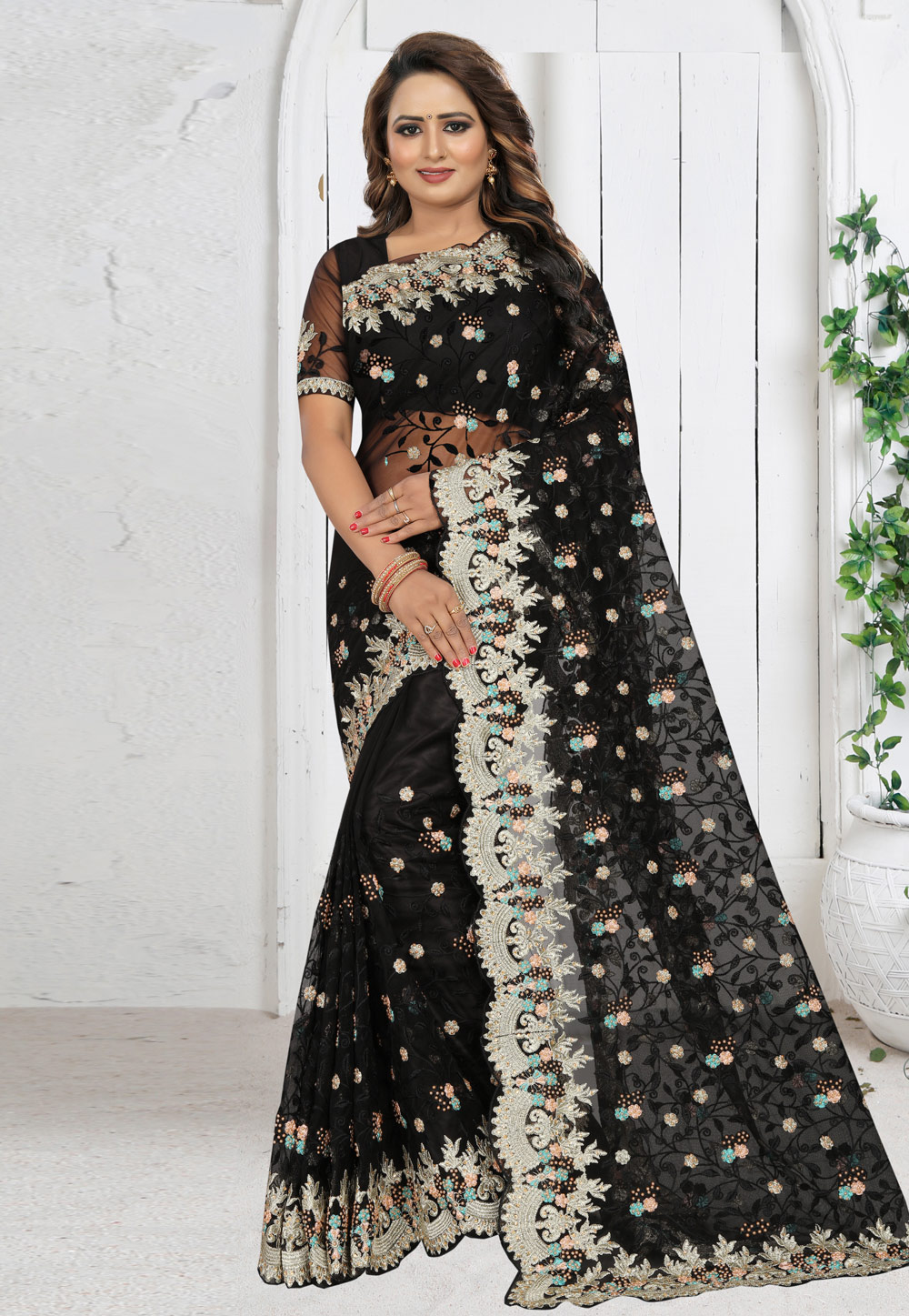Black Net Festival Wear Saree 201961