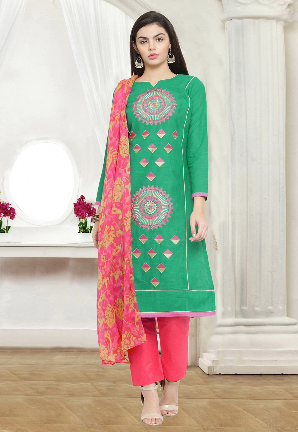 Green Chanderi Pant Style Suit 159751