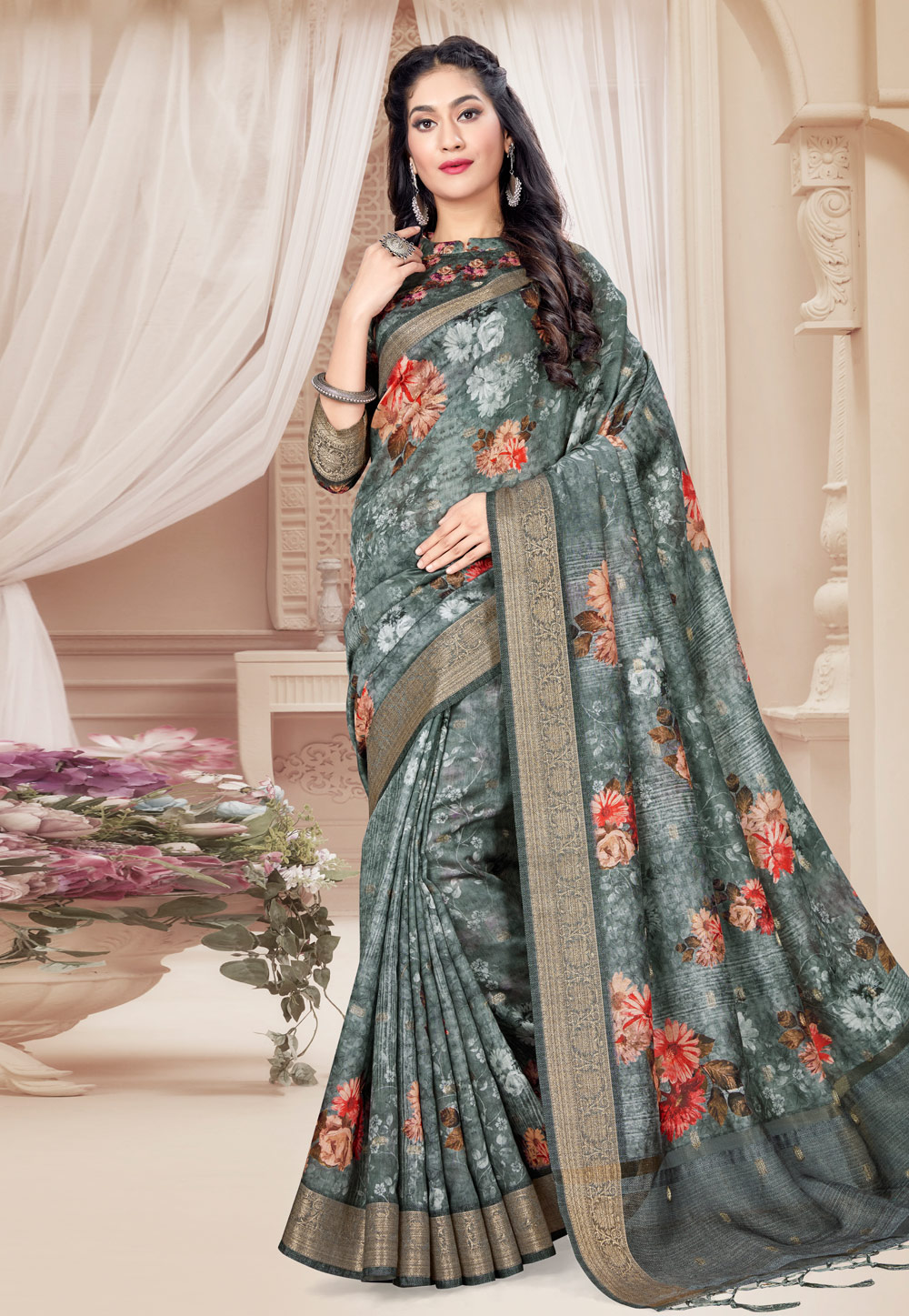 Grey Art Silk Saree With Blouse 231625