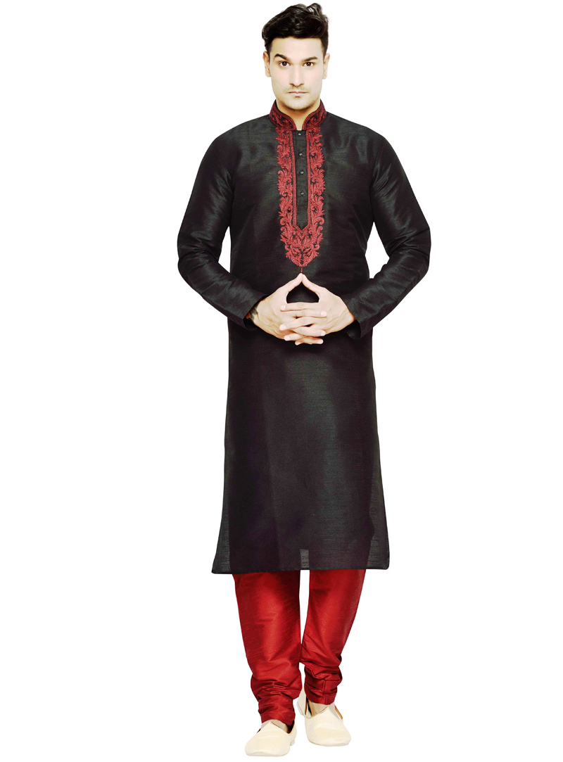 Black Dupion Readymade Kurta Pajama 108969
