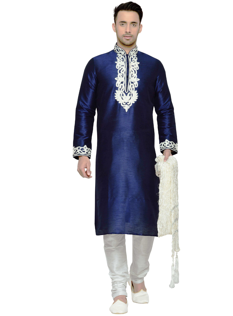 Navy Blue Dupion Readymade Kurta Pajama 108972