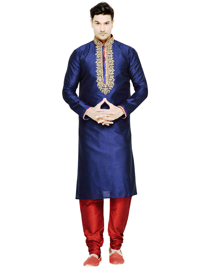 Navy Blue Dupion Readymade Kurta Pajama 108973