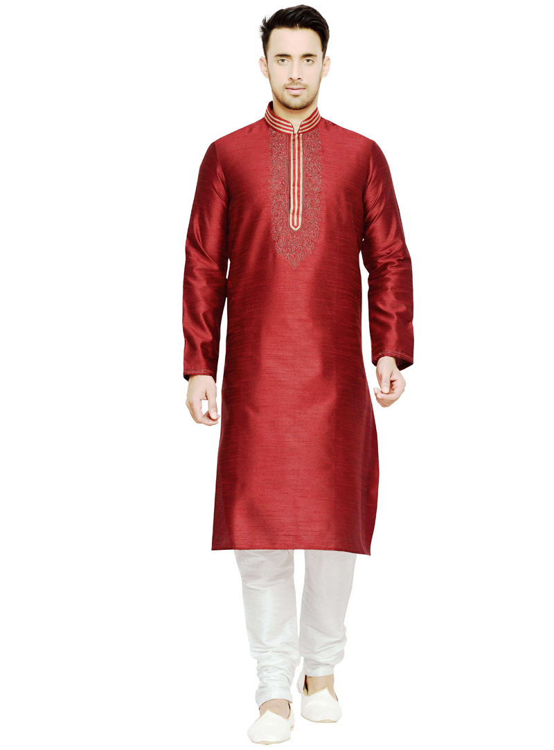 Red Dupion Readymade Kurta Pajama 108974