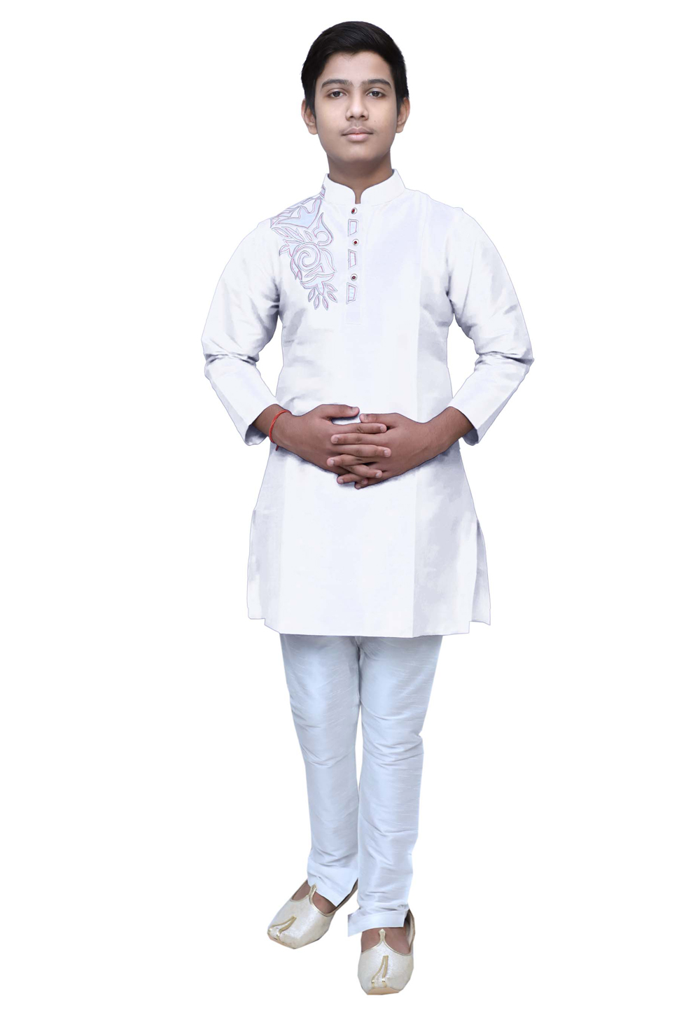 Off White Dupion Silk Readymade Kids Kurta Pajama 211376