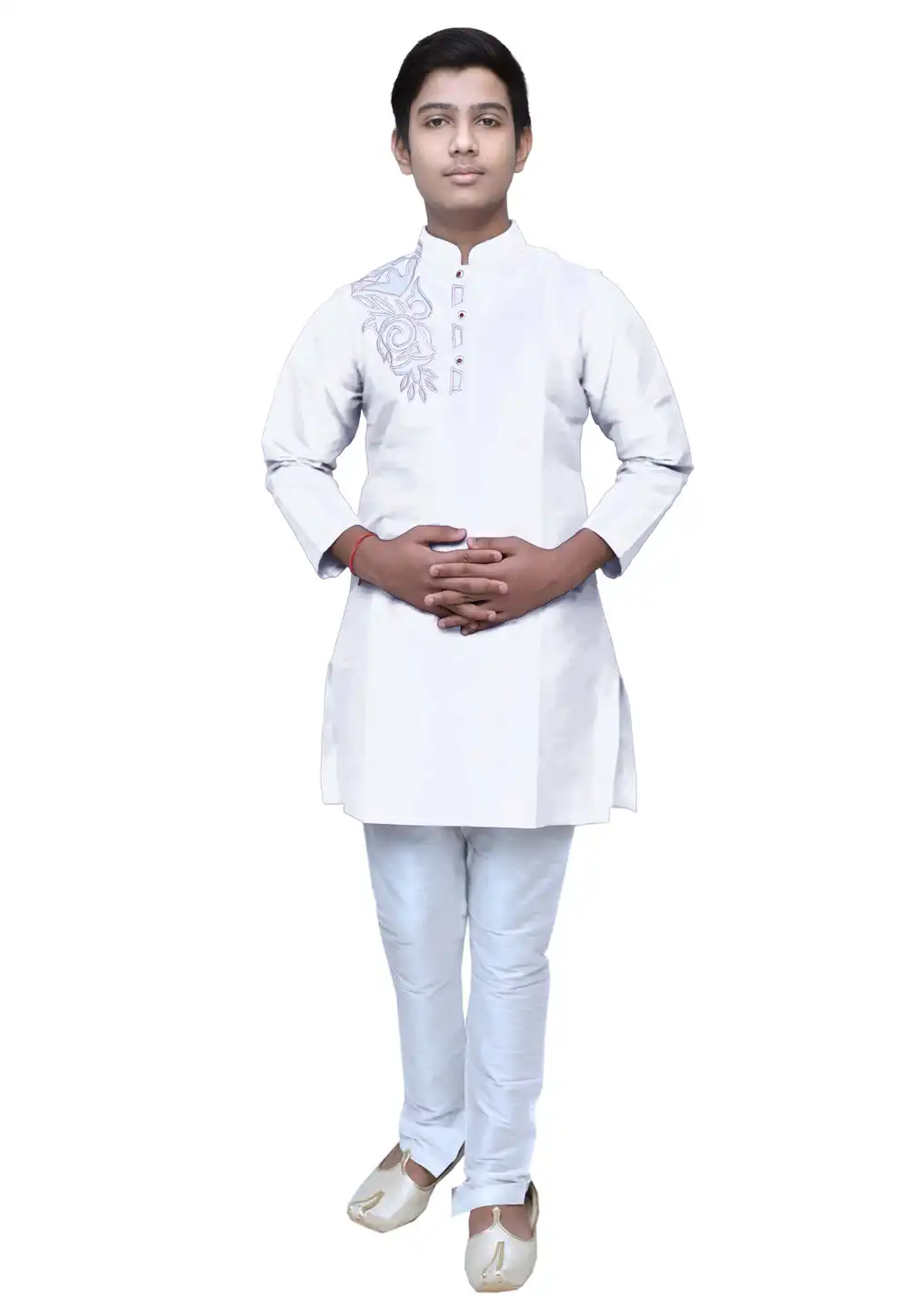 Off White Dupion Silk Readymade Kids Kurta Pajama 211376