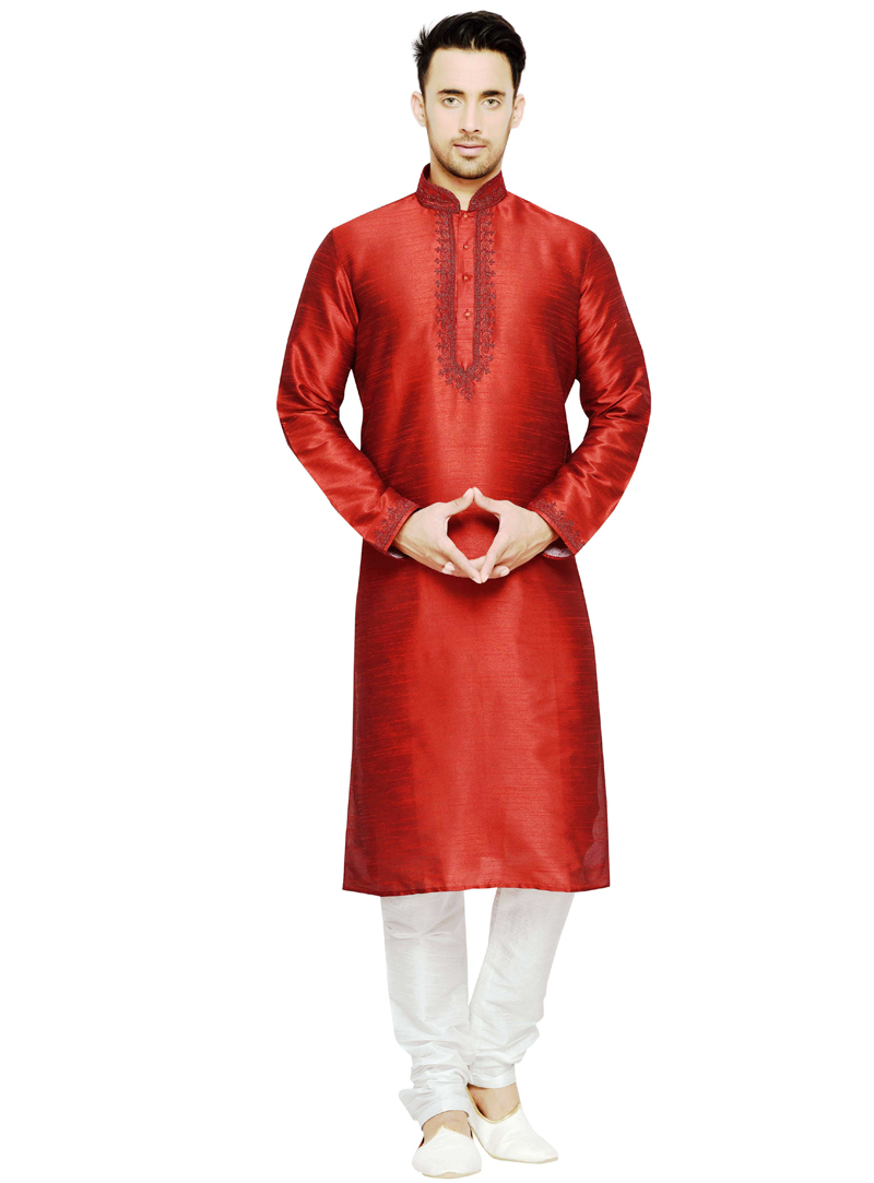 Red Dupion Readymade Kurta Pajama 108976