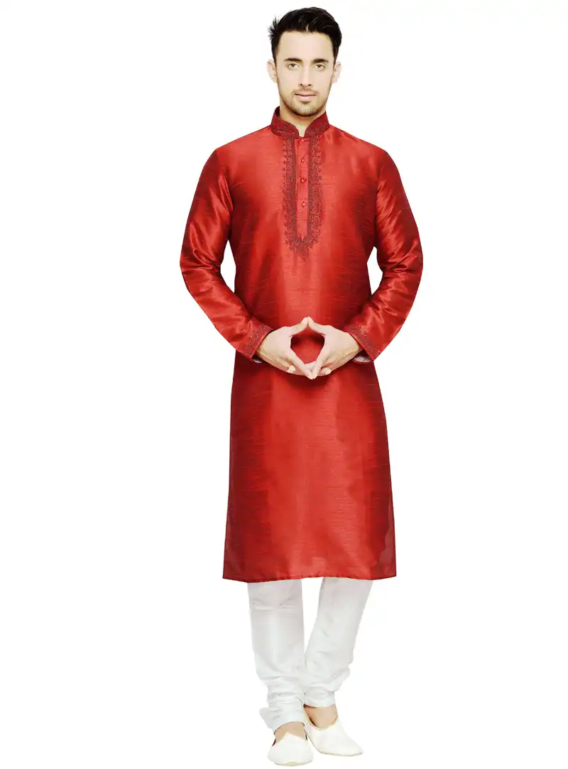 Red Dupion Readymade Kurta Pajama 108976