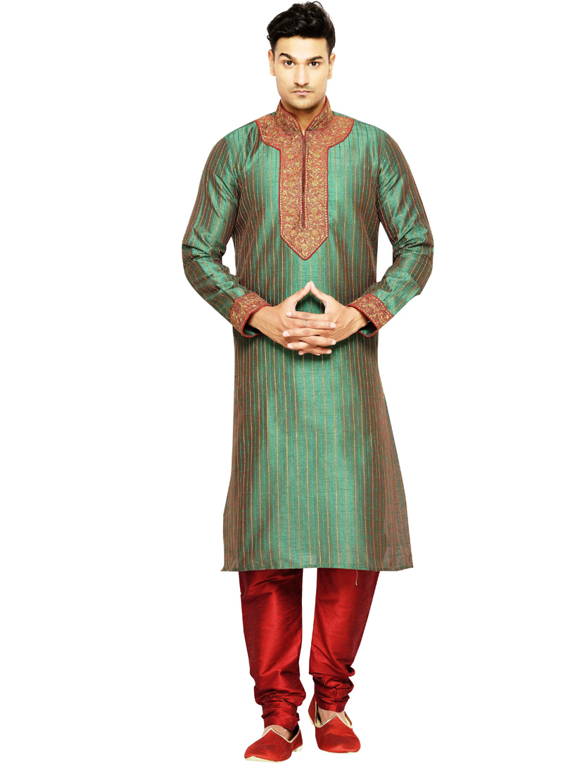 Green Dupion Readymade Kurta Pajama 108977