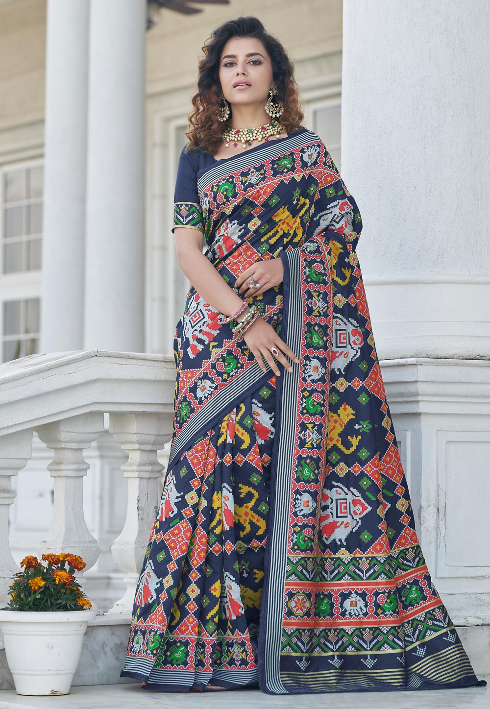 Navy Blue Patola Silk Saree With Blouse 242768