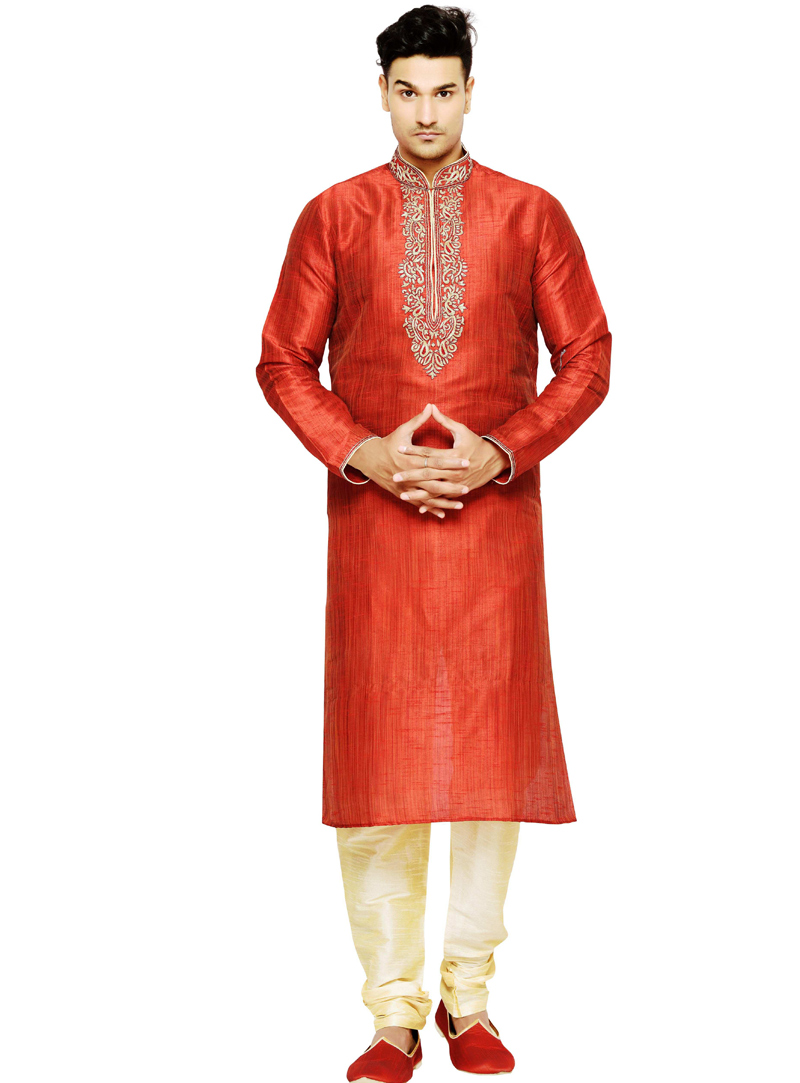 Red Dupion Readymade Kurta Pajama 108979