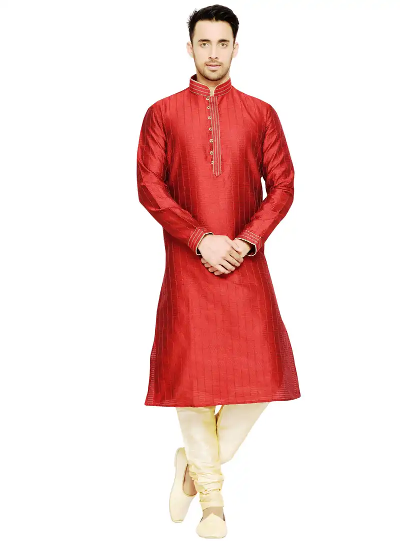 Red Dupion Readymade Kurta Pajama 108980