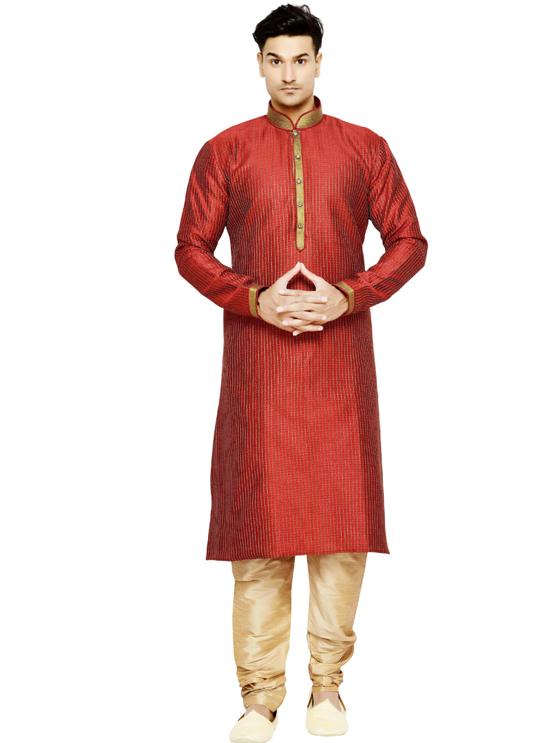 Red Dupion Readymade Kurta Pajama 108985