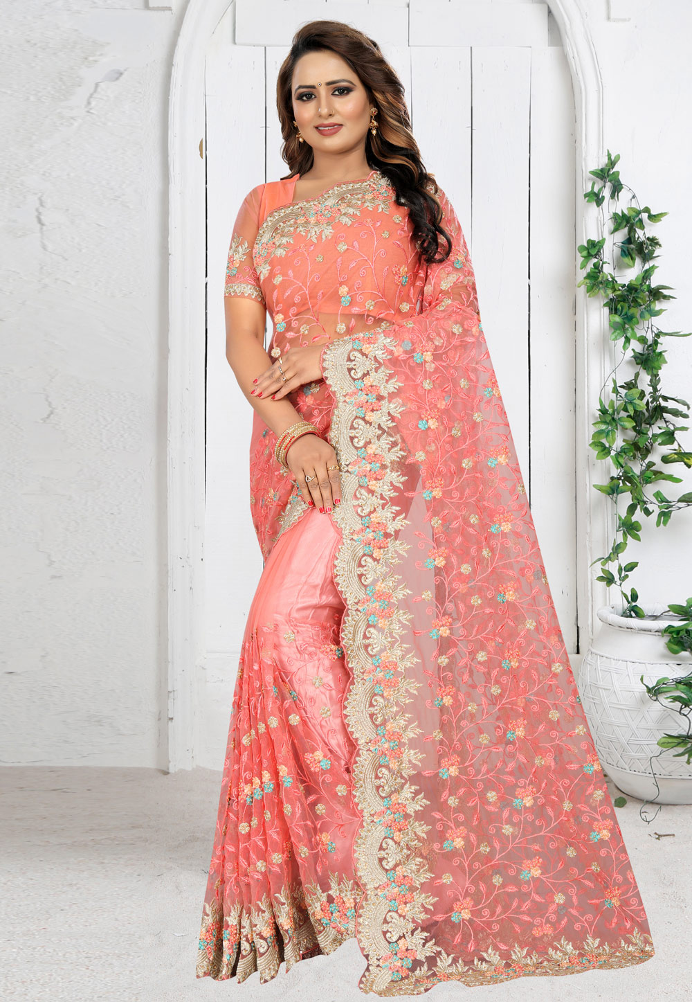 Peach Net Saree With Blouse 201964