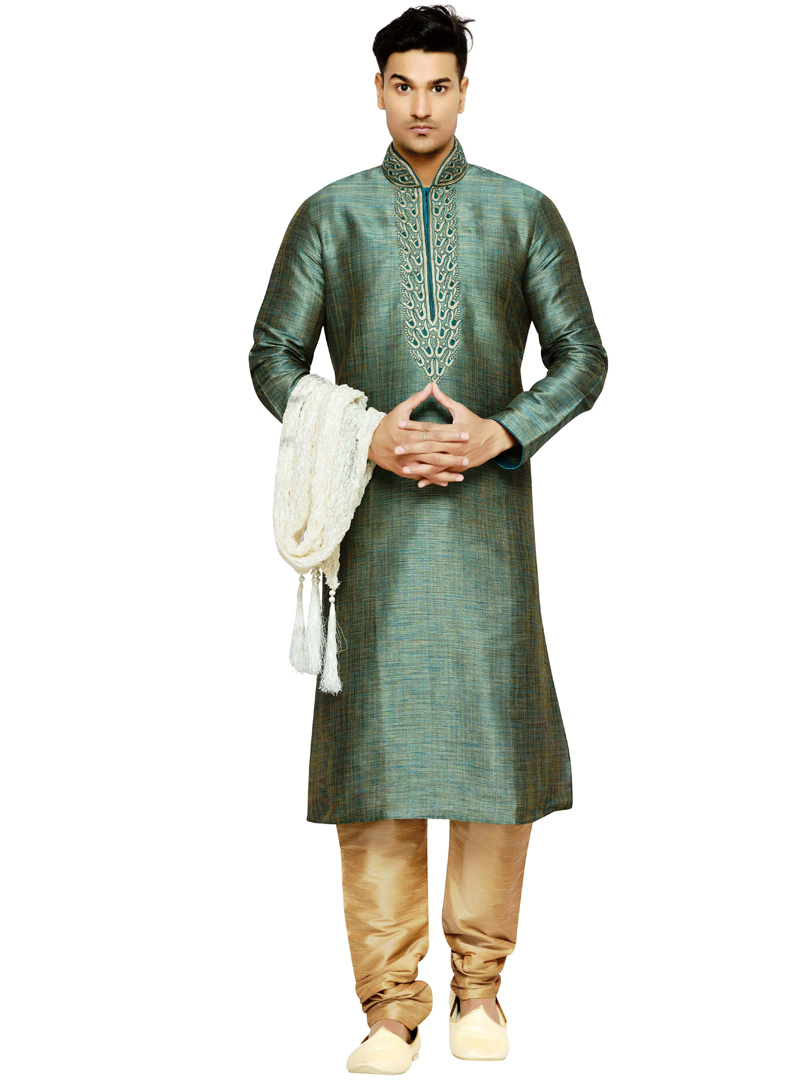 Teal Dupion Readymade Kurta Pajama 108992