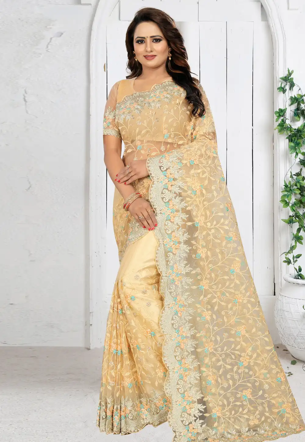 Beige Net Festival Wear Saree 201965