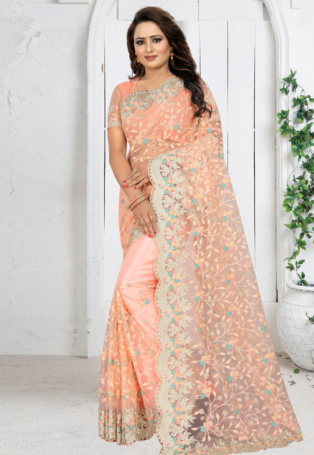 Peach Net Saree With Blouse 201966