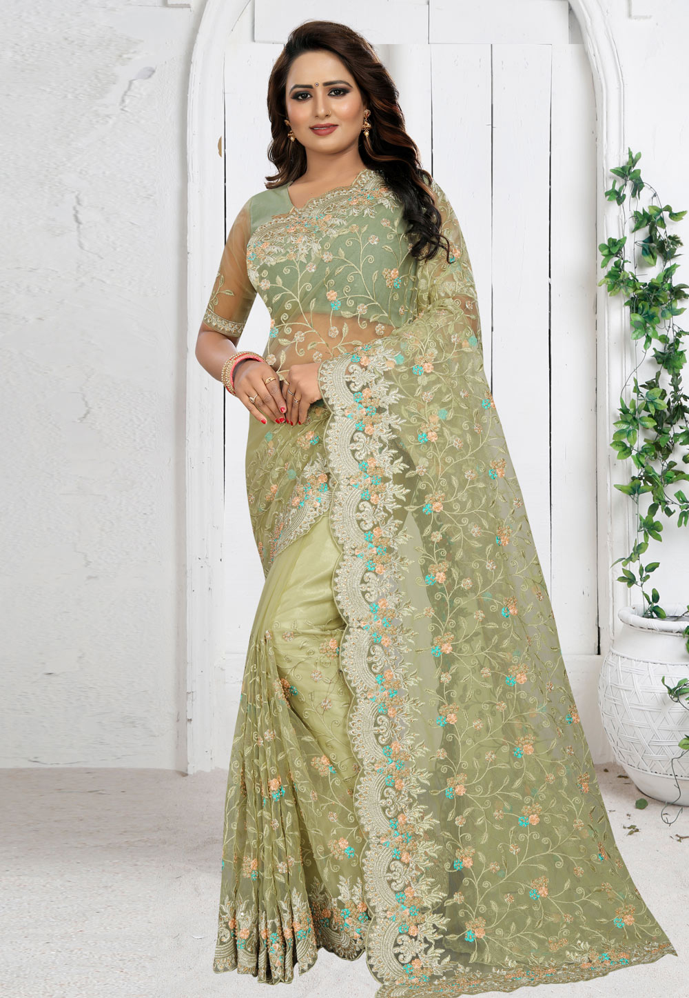 Light Green Net Festival Wear Saree 201967
