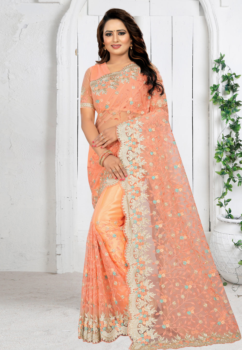 Peach Net Saree With Blouse 201968