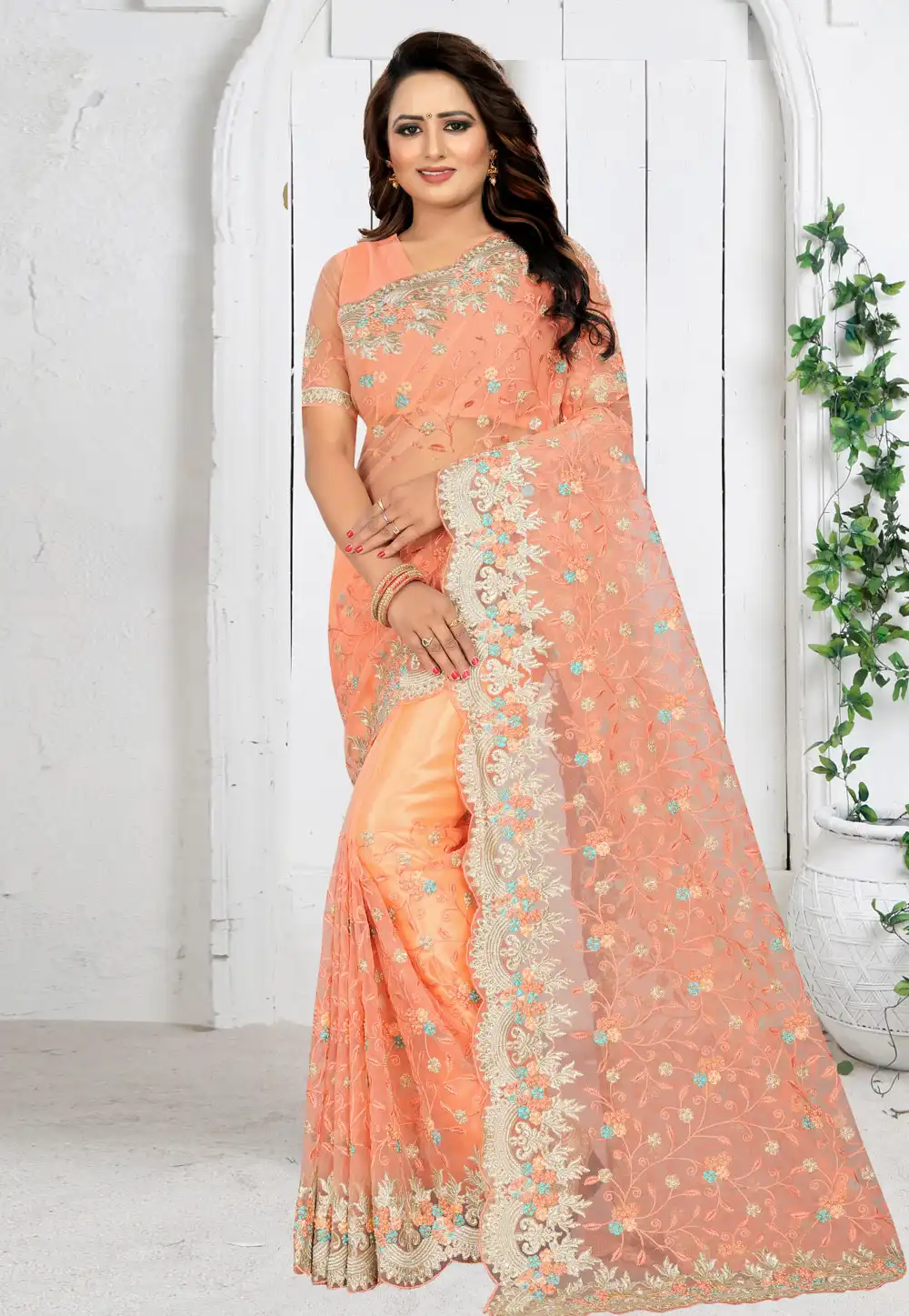 Peach Net Saree With Blouse 201968