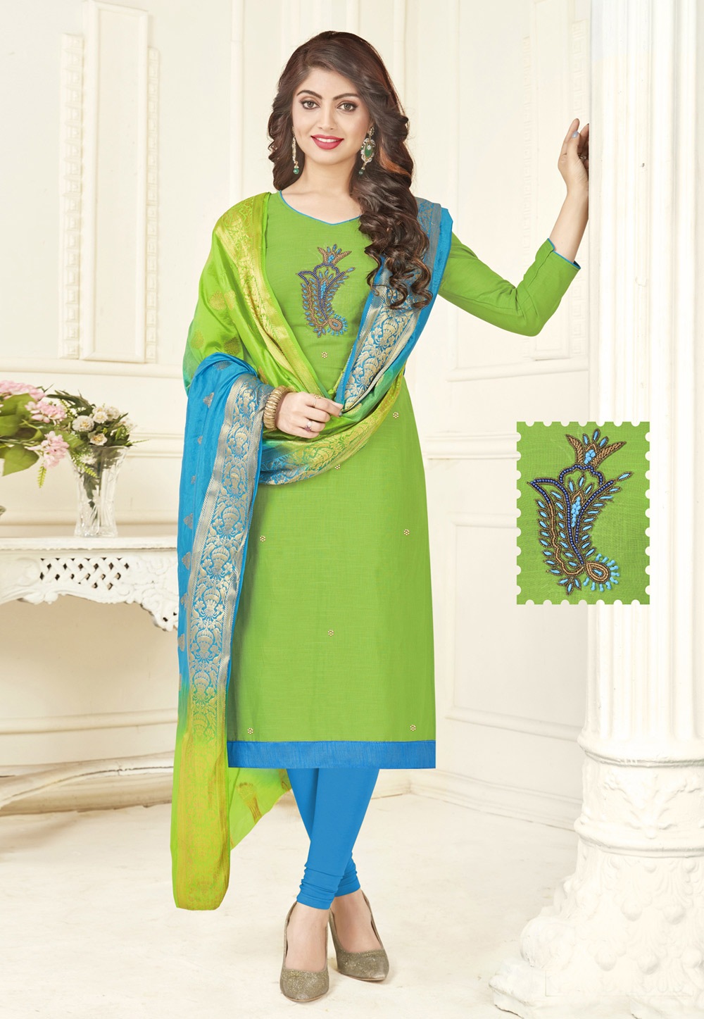 Green Cotton Churidar Salwar Kameez 158732