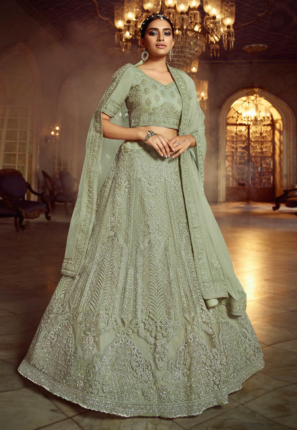 Light Green Net Circular Lehenga Choli 217048