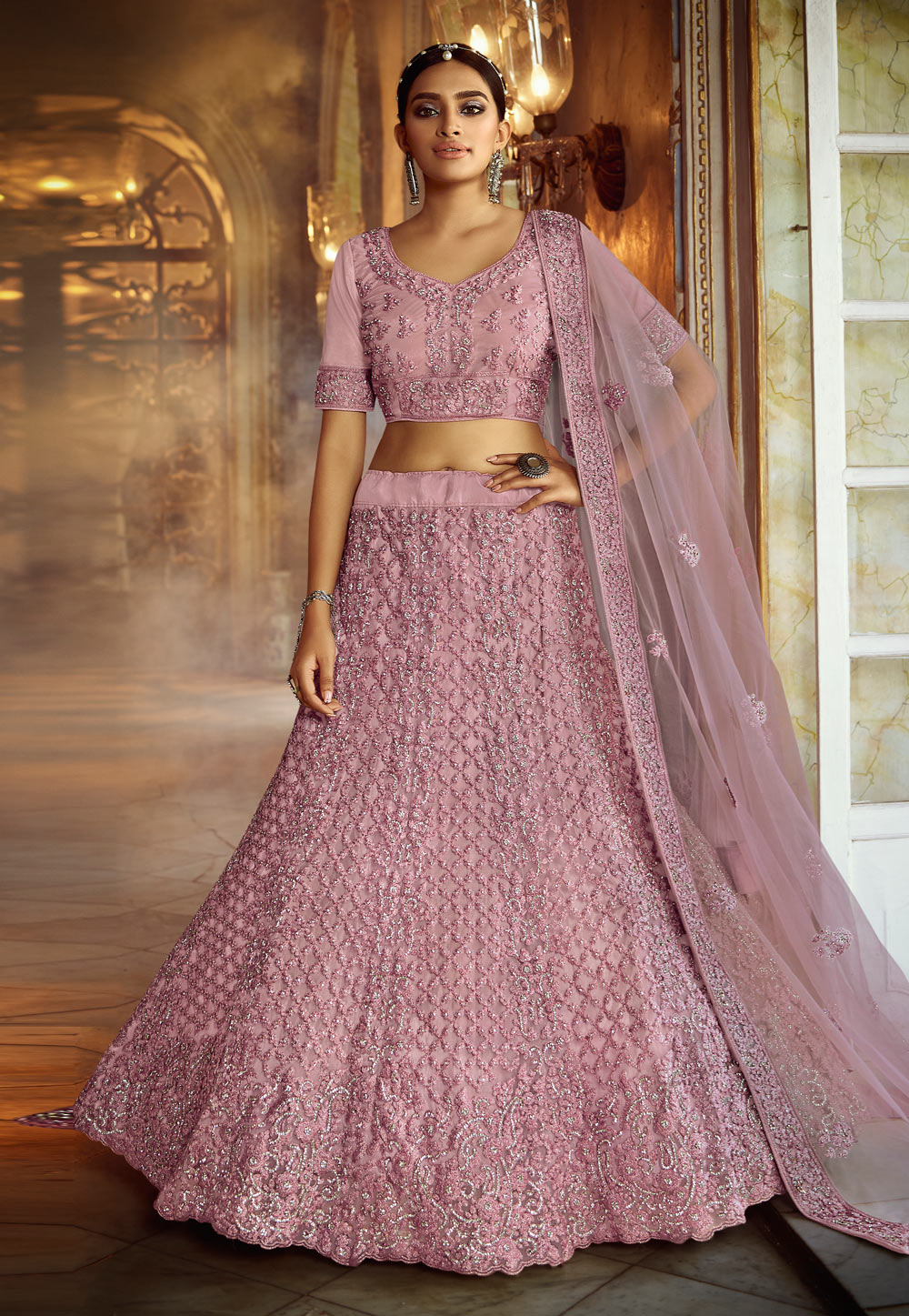 Pink Net Circular Reception Lehenga Choli 217049