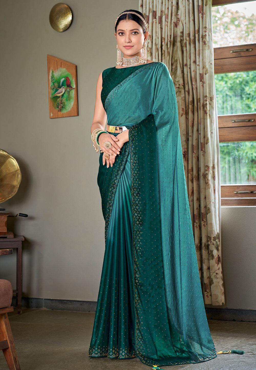 Teal Silk Half N Half Saree 246972