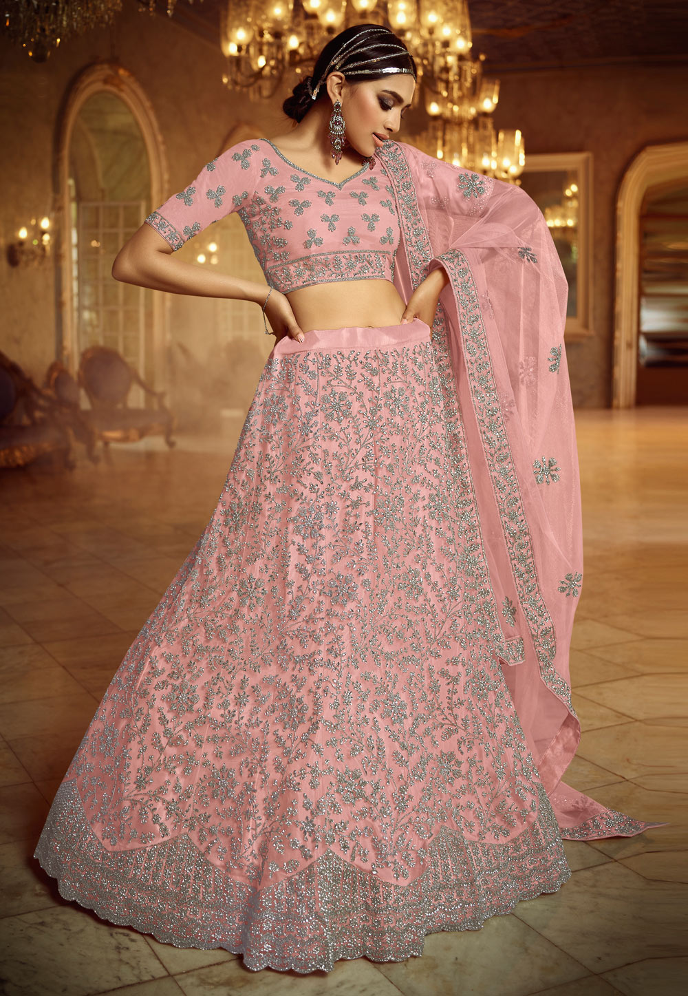 Pink Net Circular Party Wear Lehenga Choli 217051