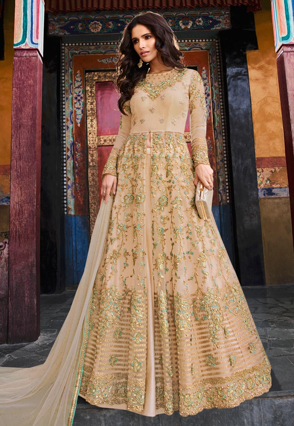 Beige Banglori Silk Embroidered Designer Indo Western Lehenga Choli 178077