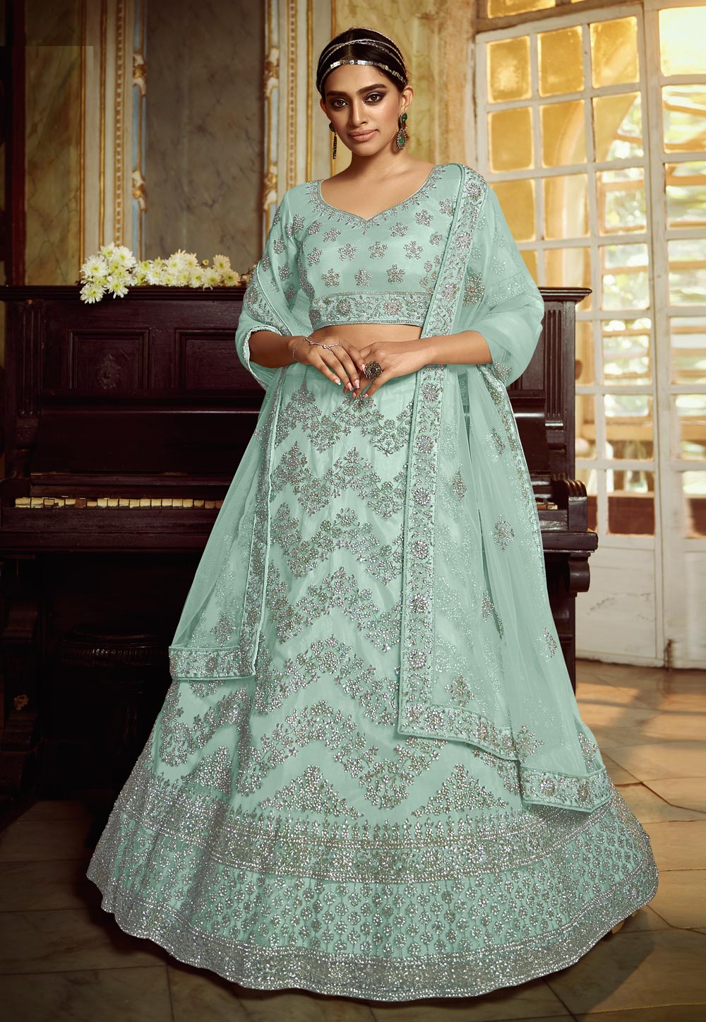 Sea Green Net Circular Lehenga Choli 217052
