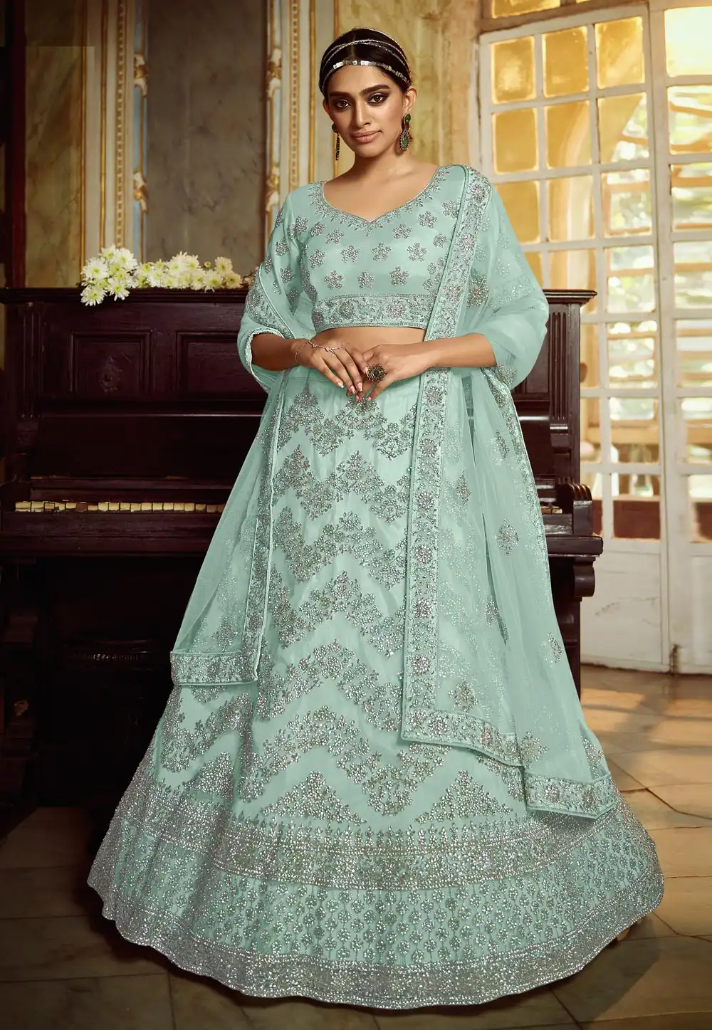 Sea Green Net Circular Lehenga Choli 217052