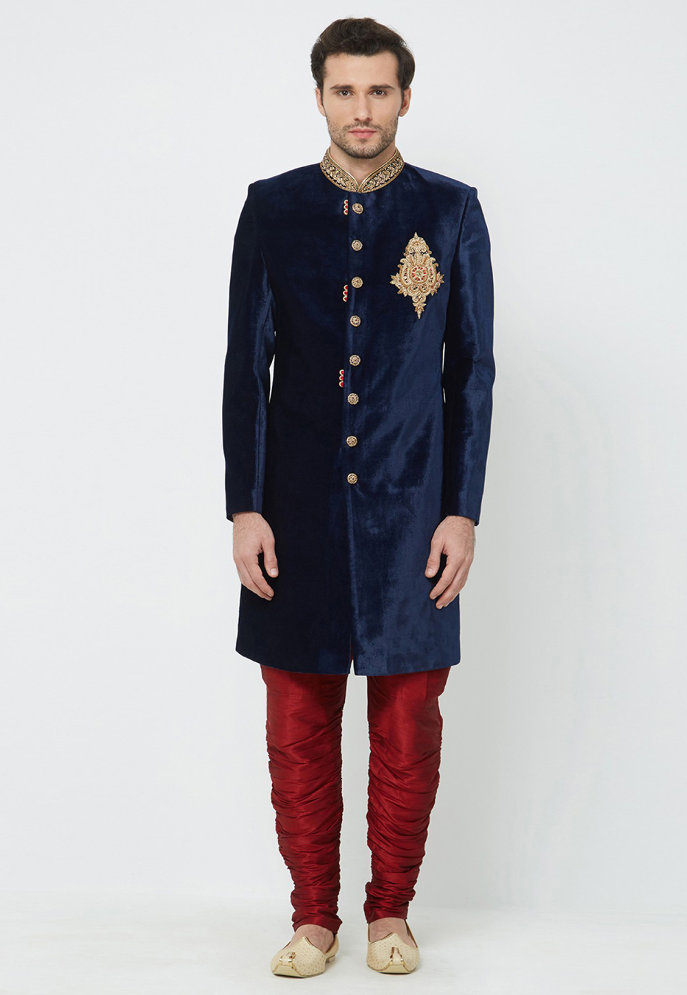 Navy Blue Velvet Indo Western Suit 231353