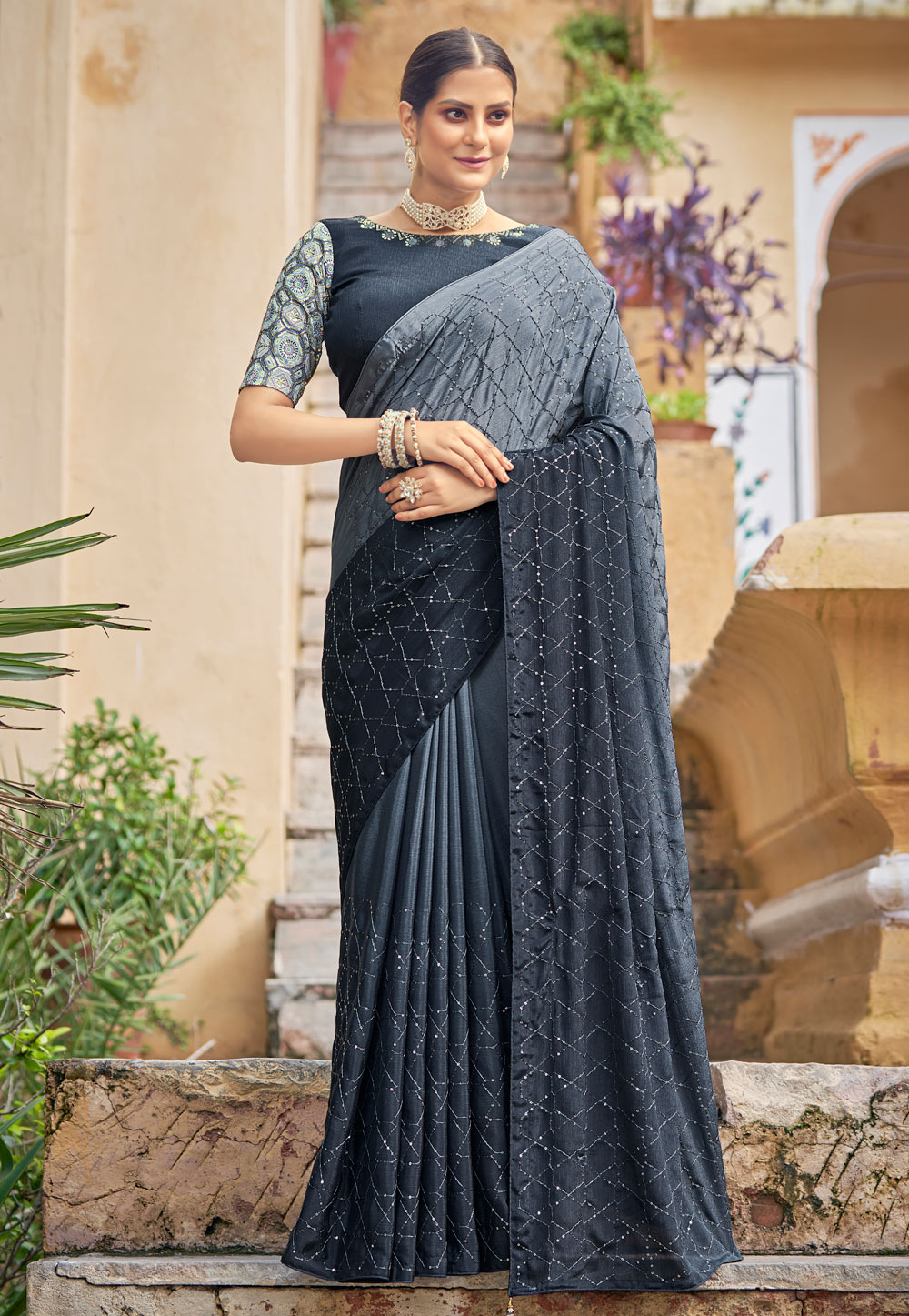 Grey Chinon Saree With Blouse 250514