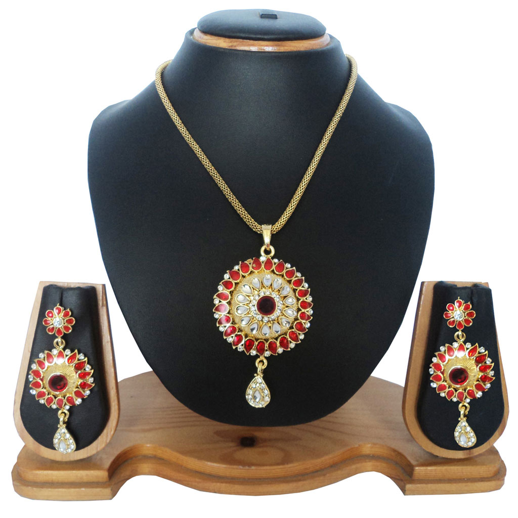 Maroon Alloy Austrian Diamonds Necklace With Earrings 64386