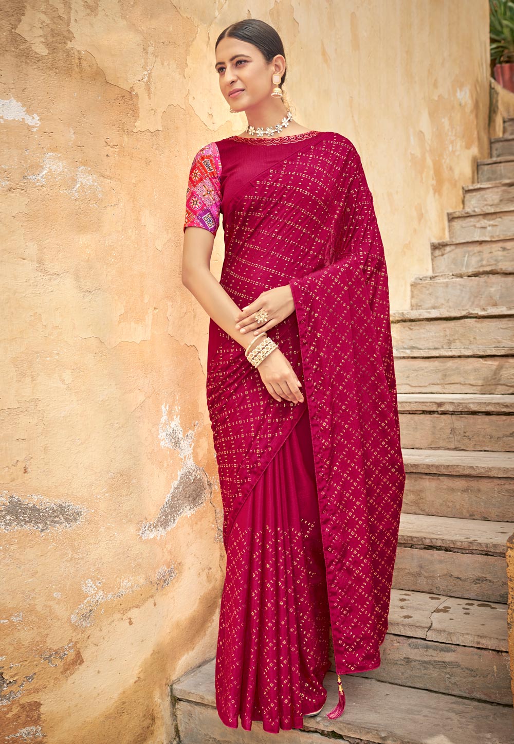 Magenta Chinon Saree With Blouse 250519