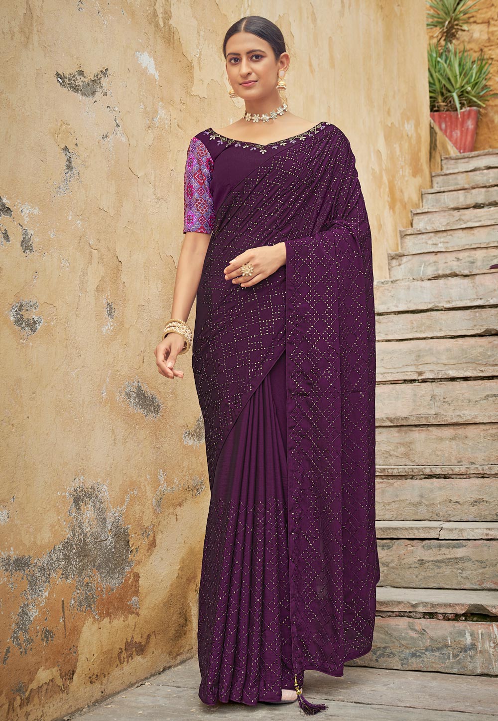 Purple Chinon Saree With Blouse 250521