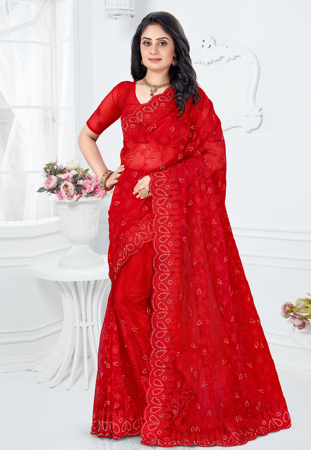Red Net Festival Wear Saree 202515