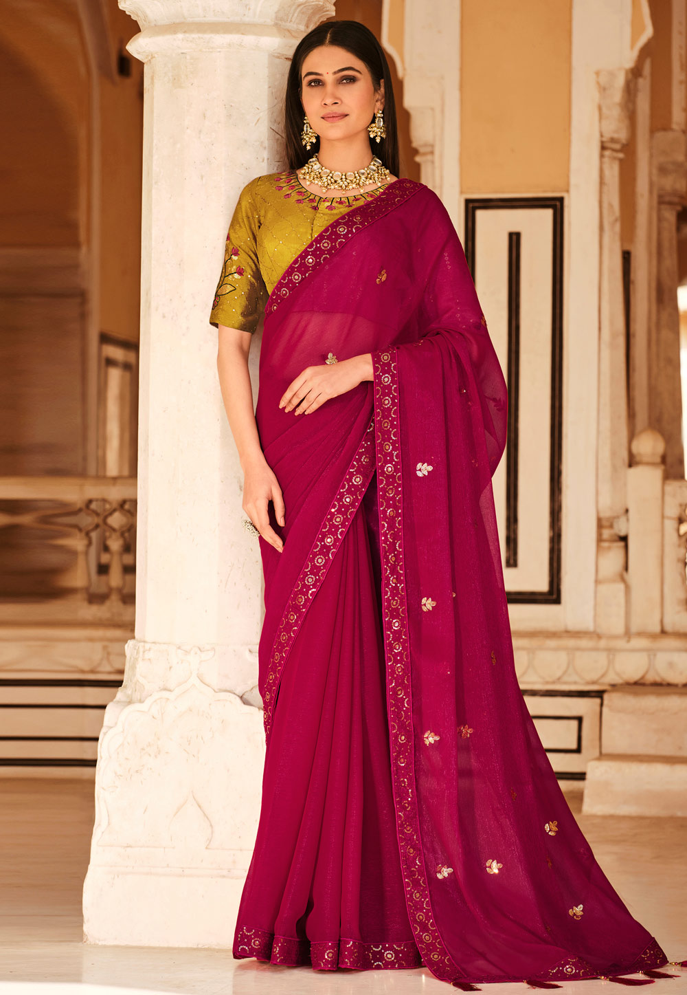 Magenta Chinon Saree With Blouse 261326