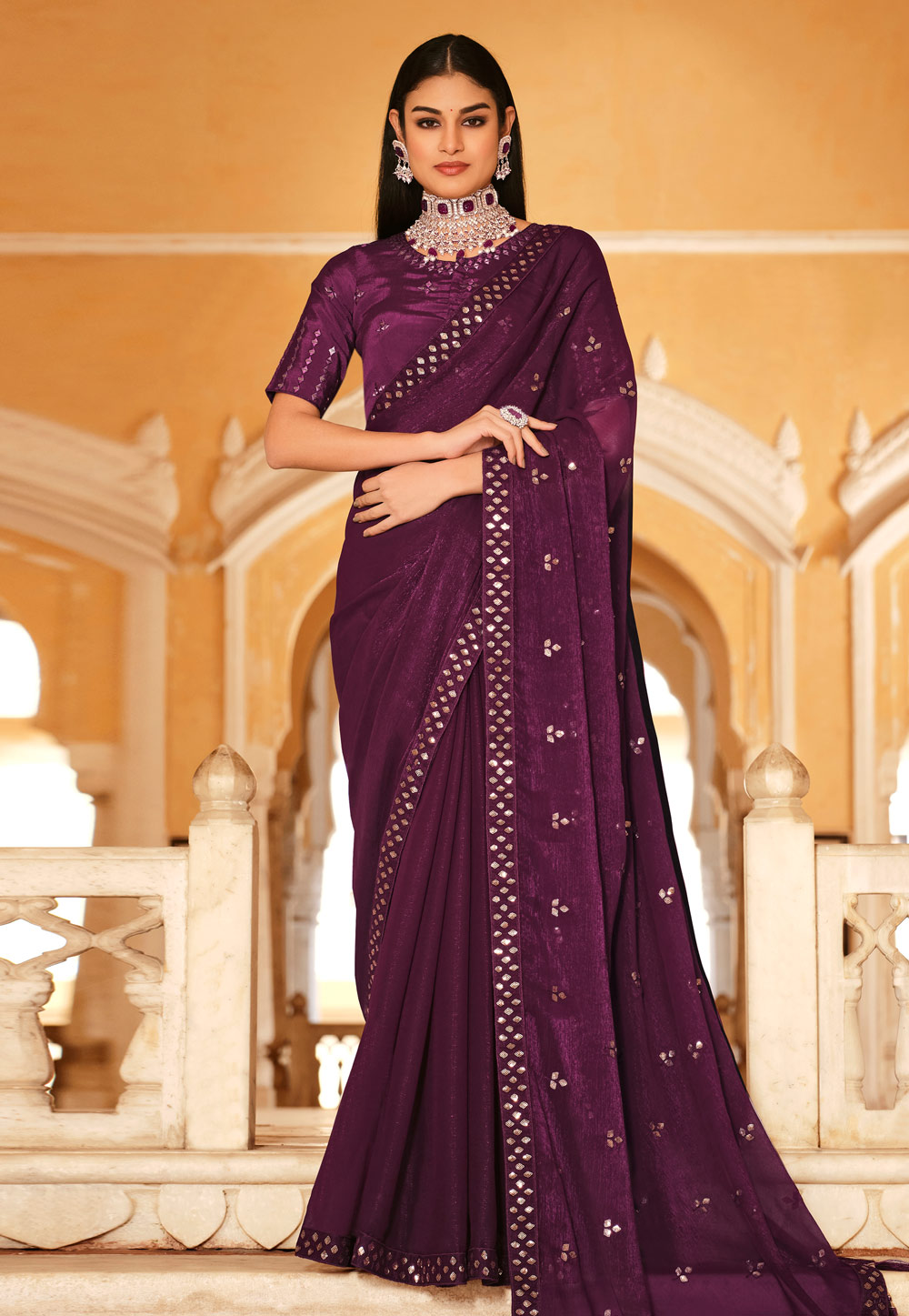 Purple Chinon Saree With Blouse 261328