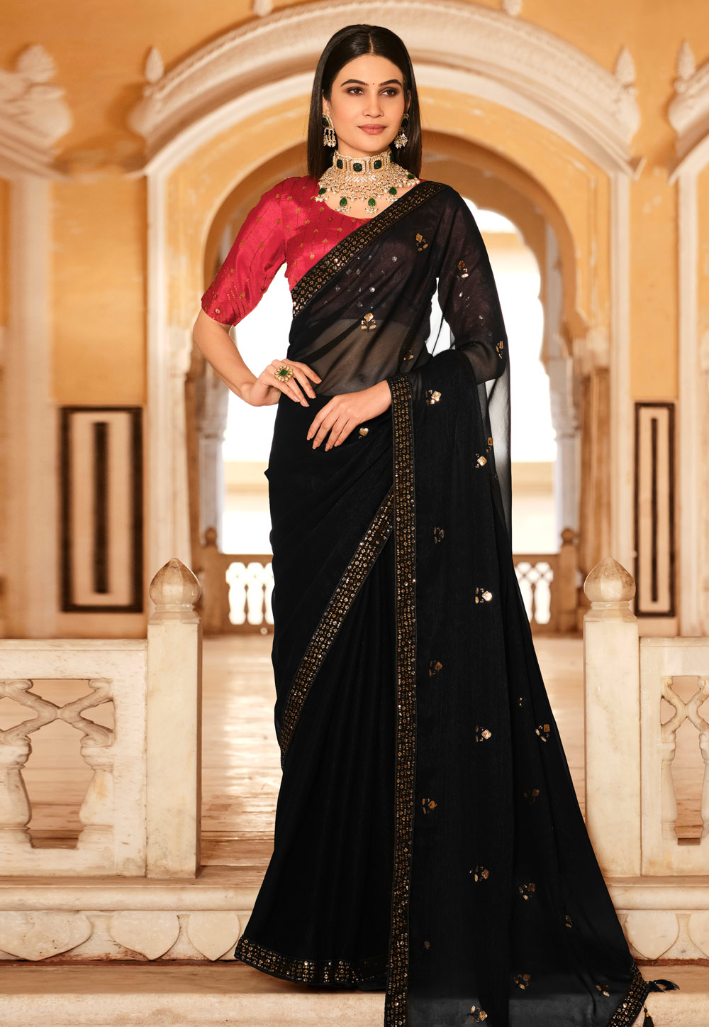 Black Chinon Saree With Blouse 261329