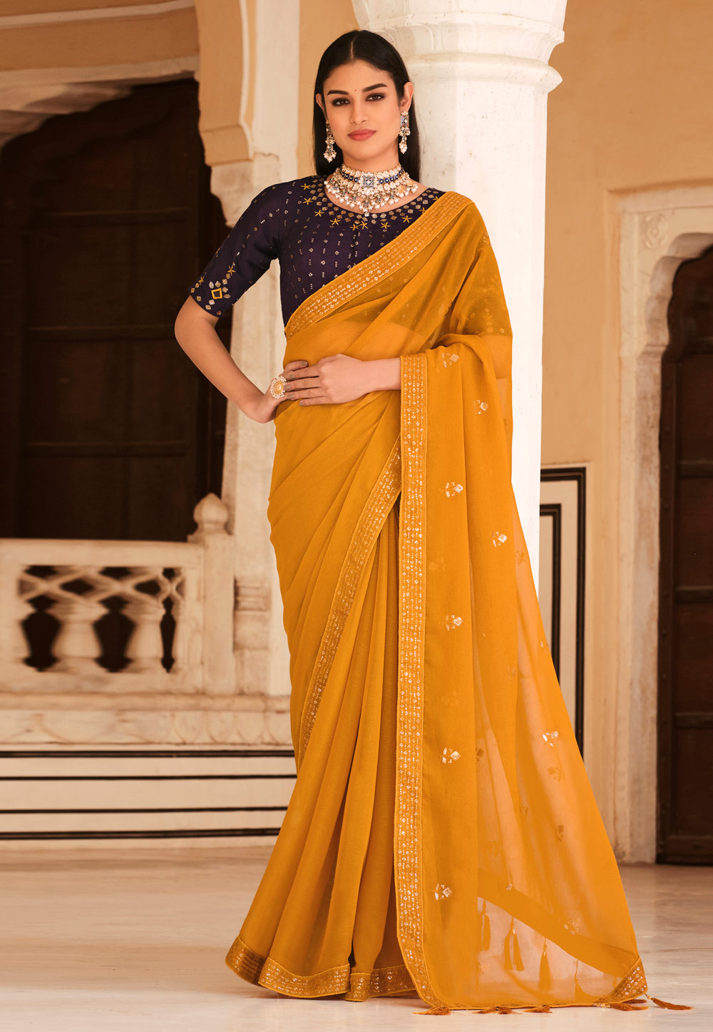 Mustard Chinon Saree With Blouse 261330