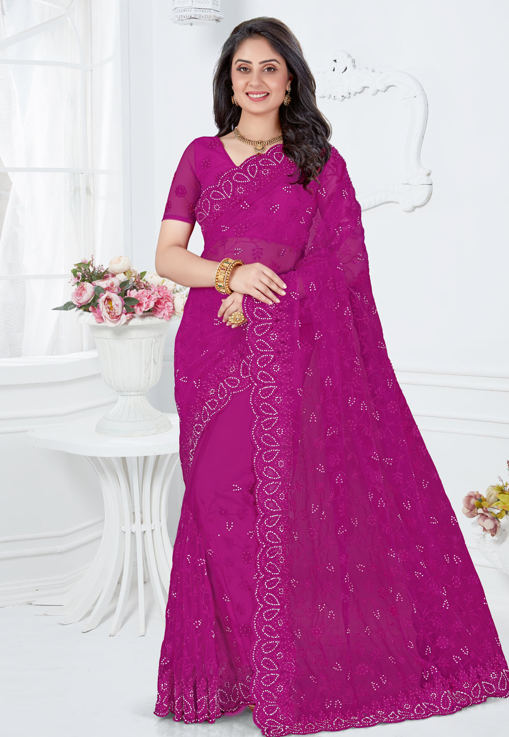 Magenta Net Festival Wear Saree 202517