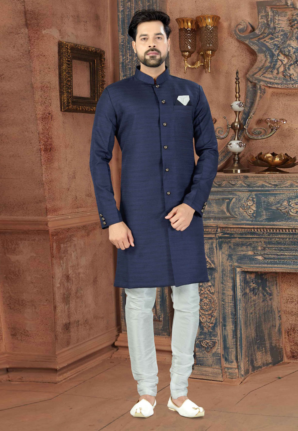 Navy Blue Silk Indo Western Sherwani 235165