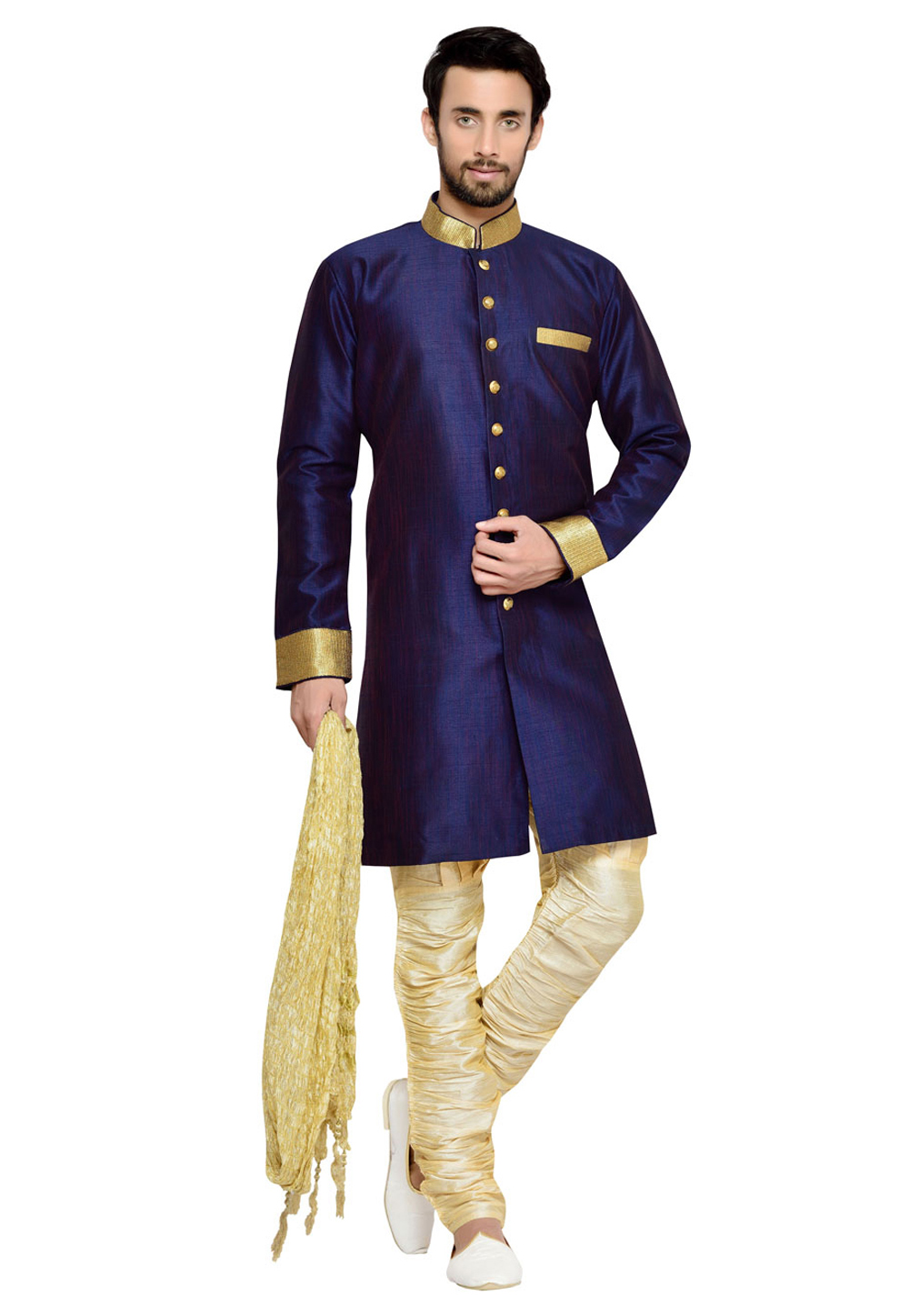 Navy Blue Silk Indo Western Sherwani 235168