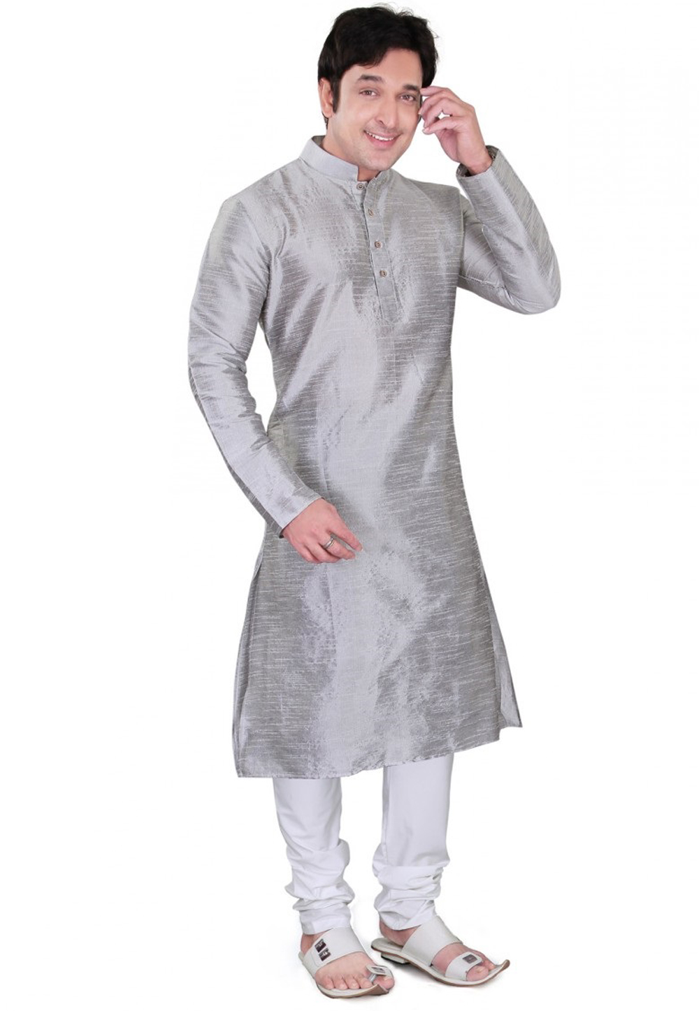 Grey Dupion Silk Readymade Kurta Pajama 193009