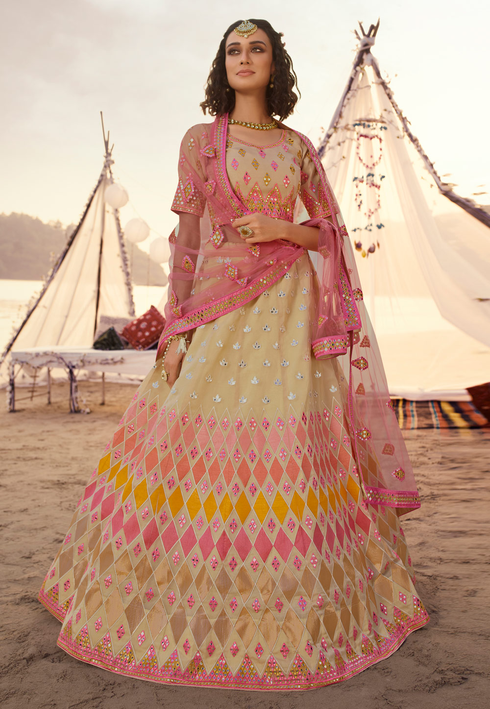 Beige Organza Circular Reception Lehenga Choli 216892