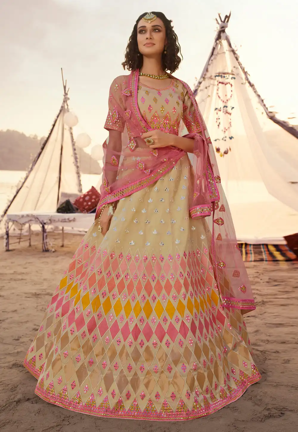 Beige Organza Circular Reception Lehenga Choli 216892